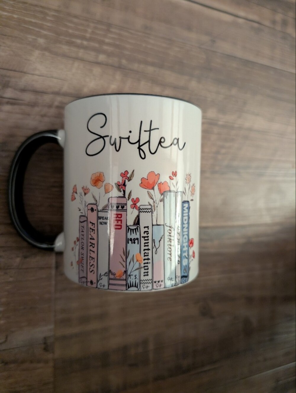 Taylor Swift White Ceramic "Swiftea" Mug 11oz with Pastel Book Spine Artwork